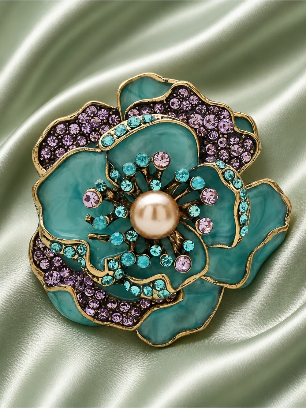 Aquamarine Blossom Floral Crystal Brooch